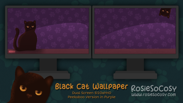 "Salem" Peekaboo Black Cat. Dual Screen Wallpaper (5120x1440). Peekaboo Version. Purple Background. Created by RosieSoCosy aka Rosana Kooymans 