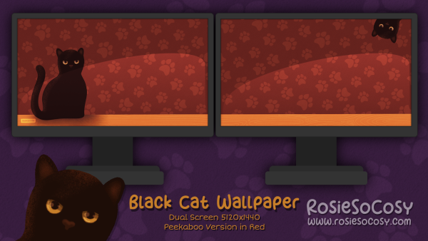 "Salem" Peekaboo Black Cat. Dual Screen Wallpaper (5120x1440). Peekaboo Version. Red Background. Created by RosieSoCosy aka Rosana Kooymans 