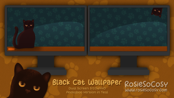 "Salem" Peekaboo Black Cat. Dual Screen Wallpaper (5120x1440). Peekaboo Version. Teal Background. Created by RosieSoCosy aka Rosana Kooymans 