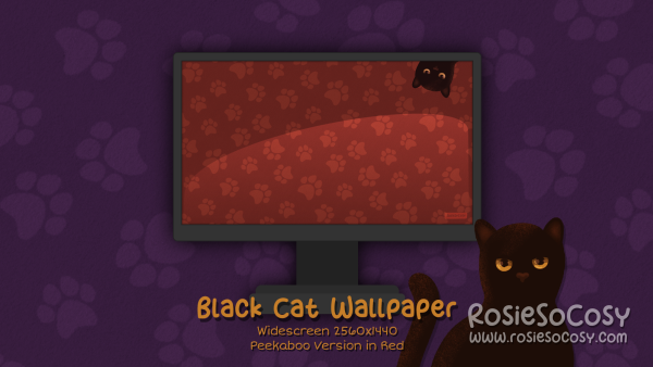 "Salem" Peekaboo Black Cat. Widescreen Wallpaper (2560x1440). Peekaboo Version. Red Background. Created by RosieSoCosy aka Rosana Kooymans 