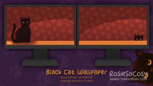 "Salem" Sneaky Black Cat. Dual Screen Wallpaper (5120x1440). Original Version. Red Background. Created by RosieSoCosy aka Rosana Kooymans 