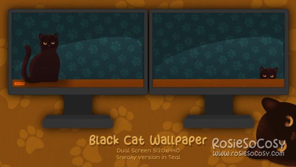 "Salem" Sneaky Black Cat. Dual Screen Wallpaper (5120x1440). Original Version. Teal Background. Created by RosieSoCosy aka Rosana Kooymans 