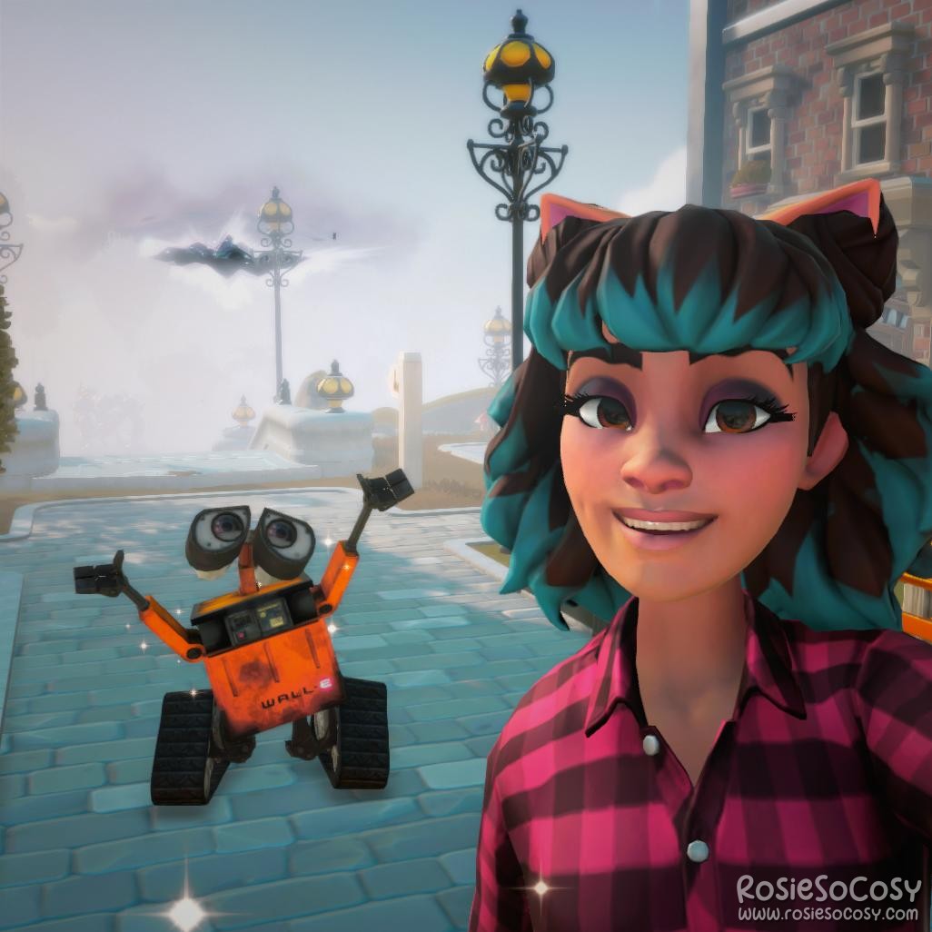 Screenshot from Disney Dreamlight Valley. Rosie's character is hanging out with Wall-E in the valley.