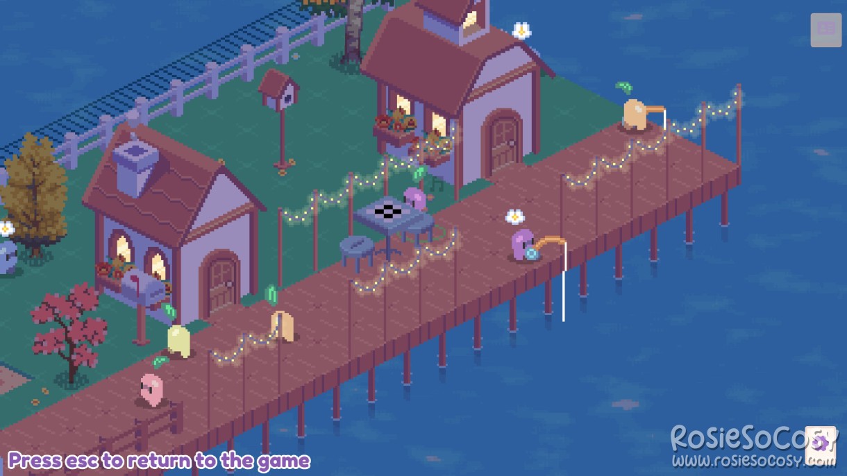 A tiny town during nighttime. There's a boulevard/fishing docks where Gourdlets are fishing and walking around.