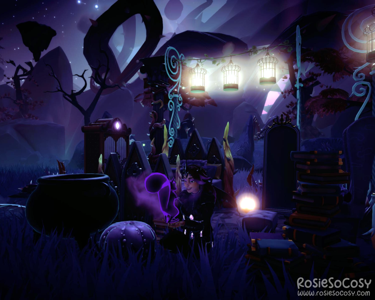 It's Rosie's character in Disney Dreamlight Valley. She is kneeling to pet her scary squirrel companion pet, whilst wearing a full night thorn outfit, including wings and onyx crown. Rosie and her companion are in the Forgotten Lands, and behind them is a lot of magical furniture such as pumpkin lights and thorny bed.