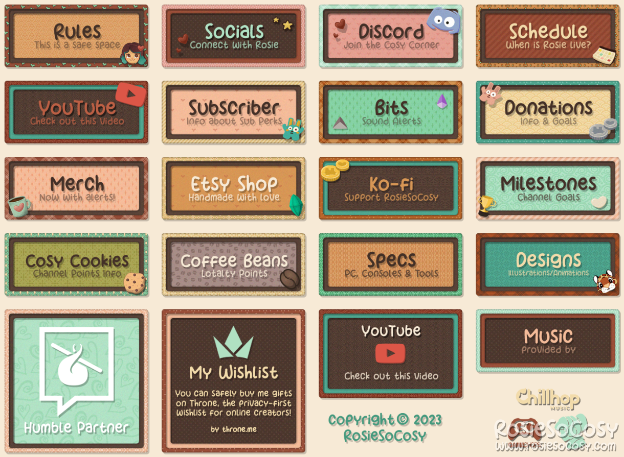 Illustrated panels with text and icons for the RosieSoCosy Twitch channel.