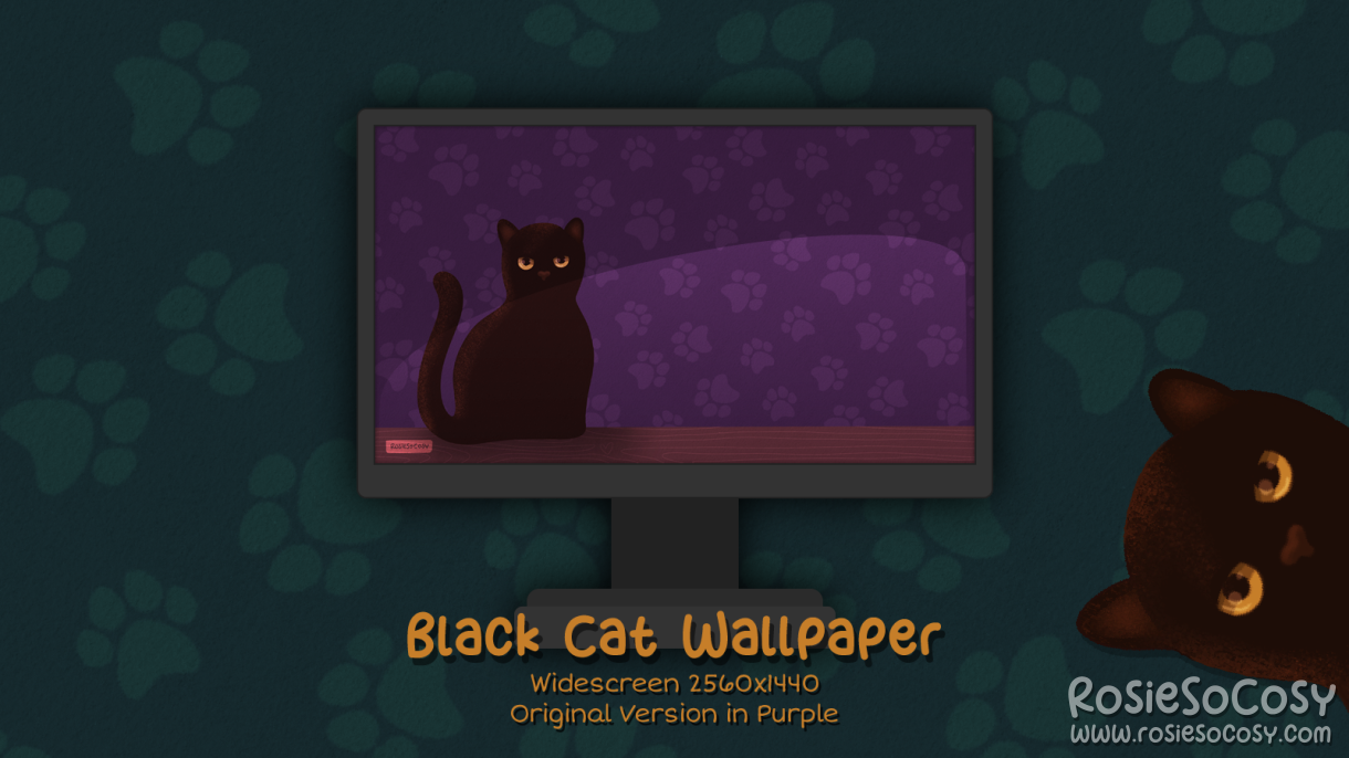 "Salem" Black Cat. Widescreen Wallpaper (2560x1440). Original Version. Purple Background. Created by RosieSoCosy aka Rosana Kooymans 