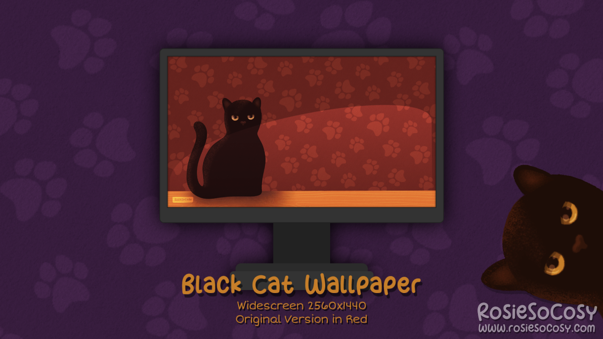 "Salem" Black Cat. Widescreen Wallpaper (2560x1440). Original Version. Red Background. Created by RosieSoCosy aka Rosana Kooymans 