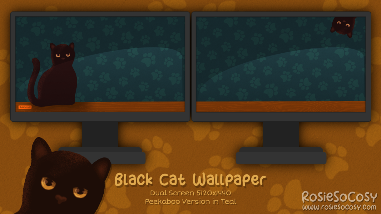 "Salem" Peekaboo Black Cat. Dual Screen Wallpaper (5120x1440). Peekaboo Version. Teal Background. Created by RosieSoCosy aka Rosana Kooymans
