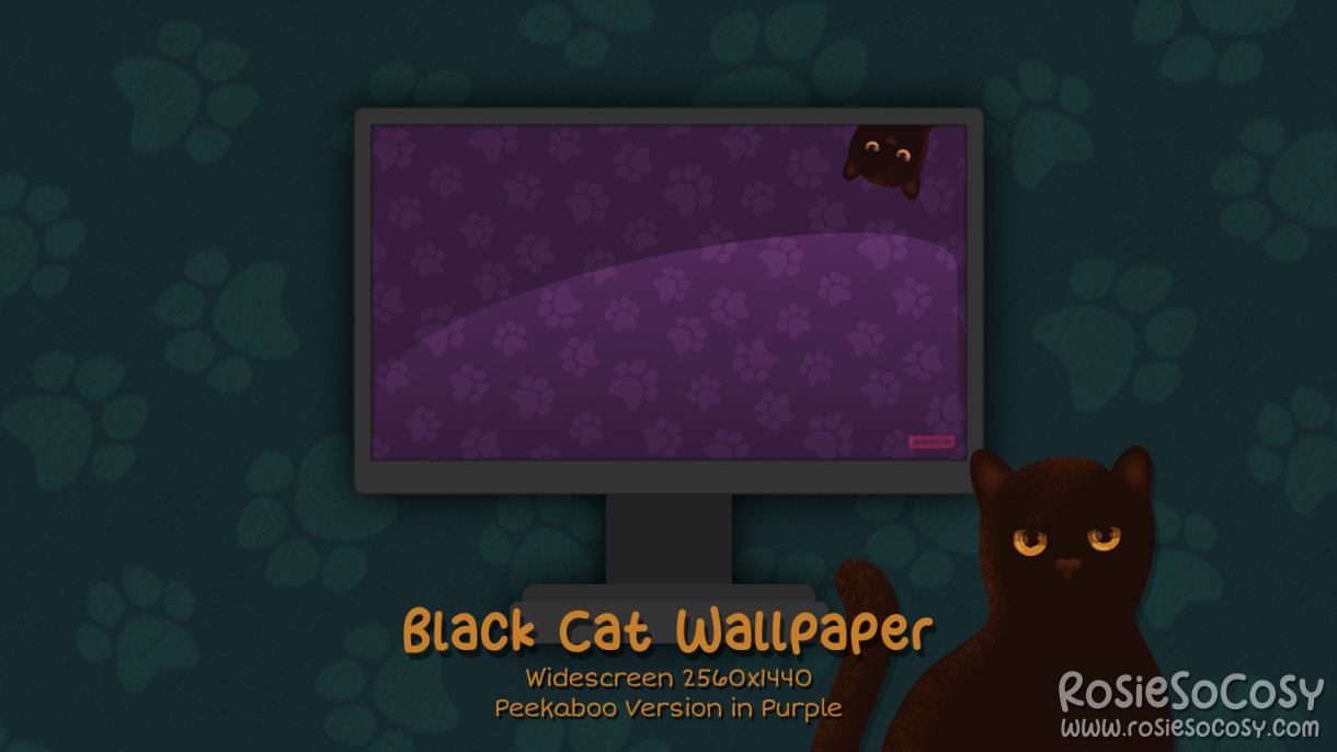 "Salem" Peekaboo Black Cat. Widescreen Wallpaper (2560x1440). Peekaboo Version. Purple Background. Created by RosieSoCosy aka Rosana Kooymans 