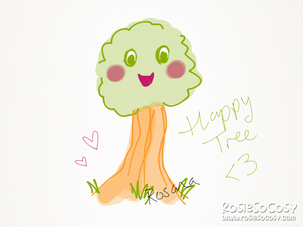 A happy tree. The trunk is orange and quite tall. The leaves are a light green. The tree has a face in the leaves, with happy eyes and a big smile. There's a few patches of grass surrounding the tree.