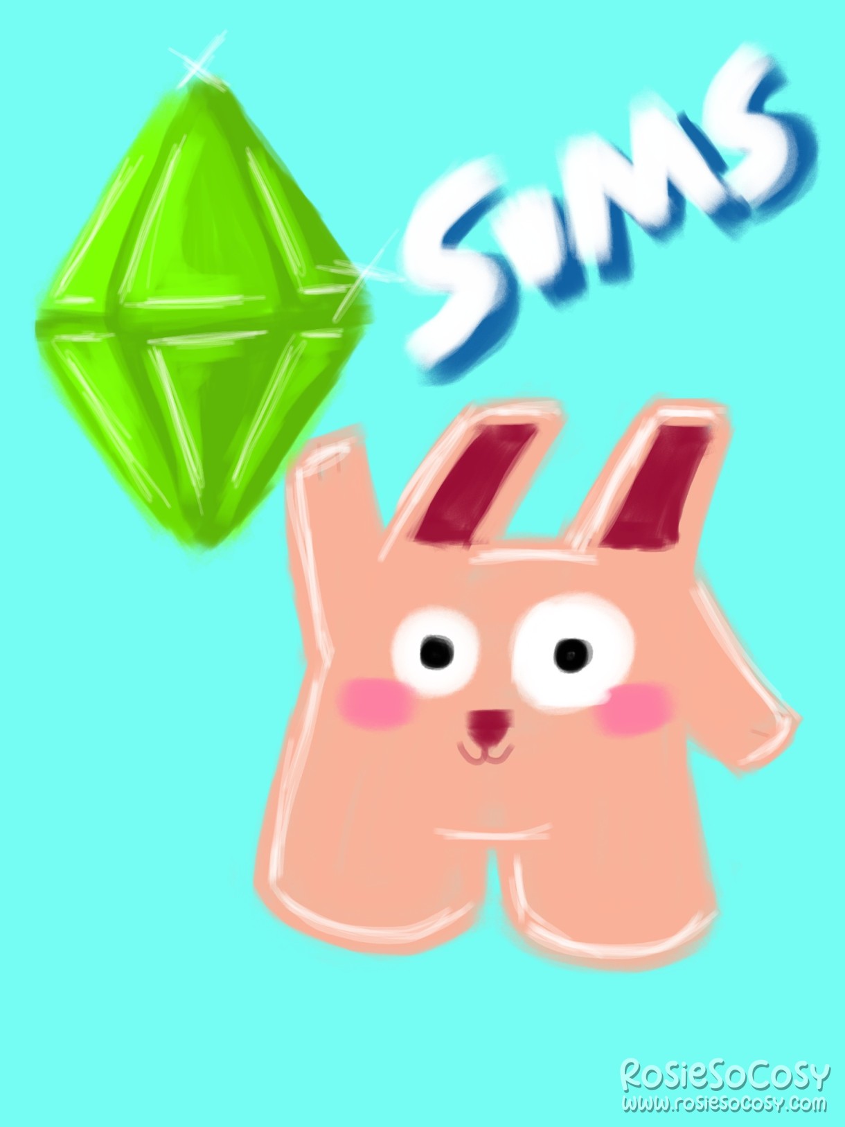 A bright green plumbob next to a pink Freezer Bunny, with the text Sims above it. The background is plain aqua.