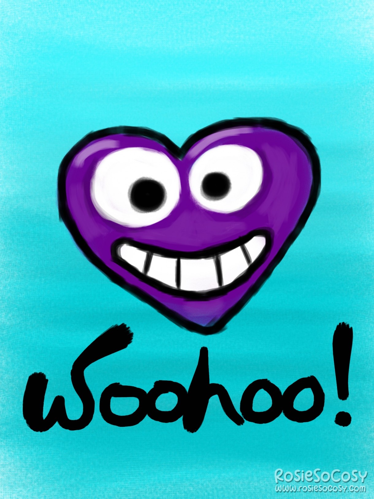 Classic woohoo heart from The Sims 2. The heart is purple, with two googly eyes and a wide grin. Underneath the heart is the text Woohoo! And the background is aqua, with a slight gradient going from light to dark.