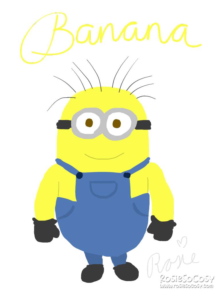A big yellow Minion. The minion is wearing blue overalls, black gloves and black boots, and the typical metal glasses. There are some black hairs sticking out of its otherwise bald head. The minion has a faint smile and above it, it says "Banana"