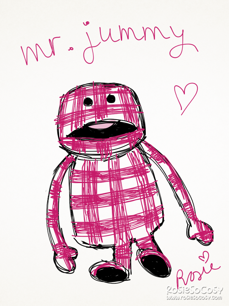 This is a quick sketch of Mr Jummy, a character from the Sultana commercials back in 2008. Mr Jummy has a red and white checkered pattern all over, a wide black mouth with a pink tongue sticking out, and two beady black eyes. His shape is somewhat similar to Flat Eric from the Levi's commercials. Mr. Jummy is sitting in this artwork, and has the text Mr. Jummy above it, as well as a red heart next to him.