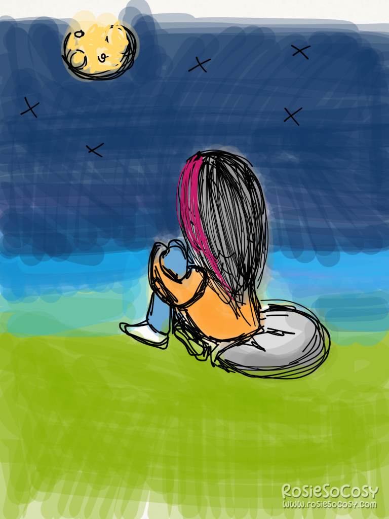A girl with black hair and pink streaks in her hair is sitting on a grey pillow. She is wearing an orange sweater, blue jeans and white socks. It's nighttime and the moon is up in the sky. She's looking up at the moon. The sky is dark blue and the ground is grass green.