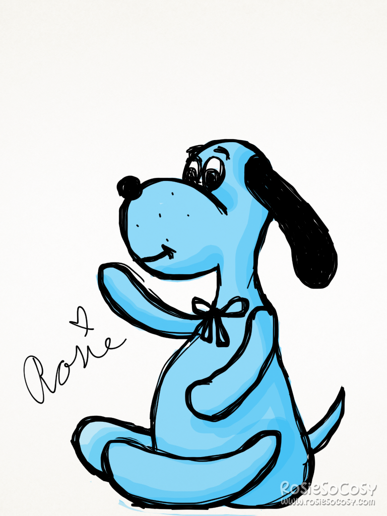 It's a blue dog with long black ears. The dog is waving at the camera. The dog has a small black ribbon in his neck.