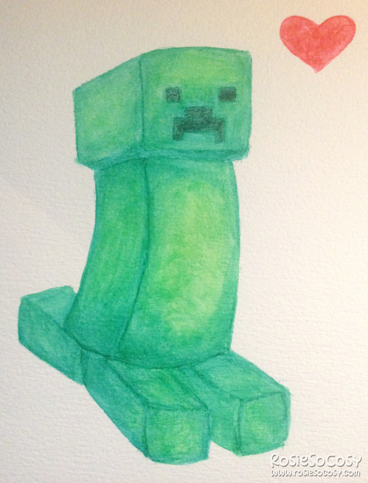 A creeper from Minecraft done in watercolour. The creeper is a green, tall character from Minecraft. Despite its deadly character, there is a small red heart next to it.