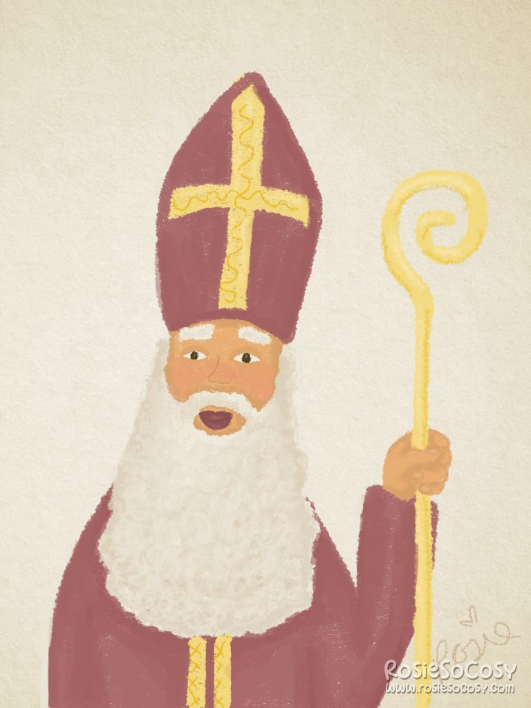 It's Sinterklaas or Sint-Nicolaas. He is depicted as an elderly, stately and serious man with white hair and a long, full beard. He wears a long red cape over a traditional white bishop's alb, dons a red mitre and ruby ring, and holds a gold-coloured crosier, a long ceremonial shepherd's staff with a fancy curled top.