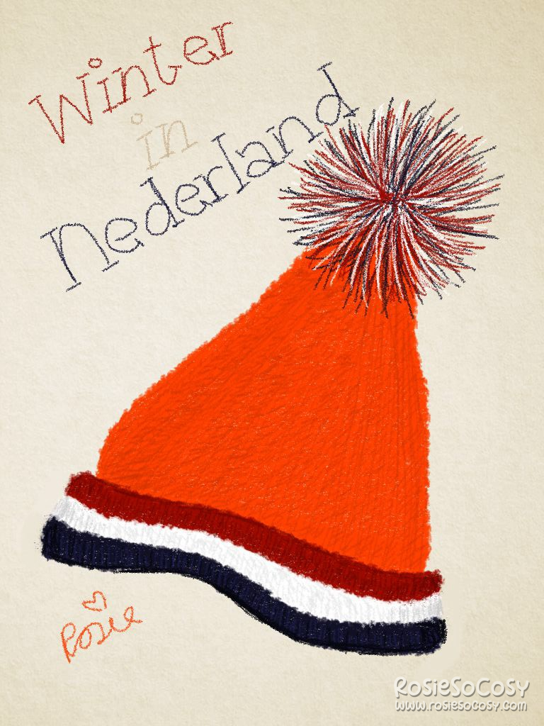 A bright orange knitted Unox winter hat, with the red, white and blue colours of the Dutch flag around it. Above it reads Winter in The Netherlands.