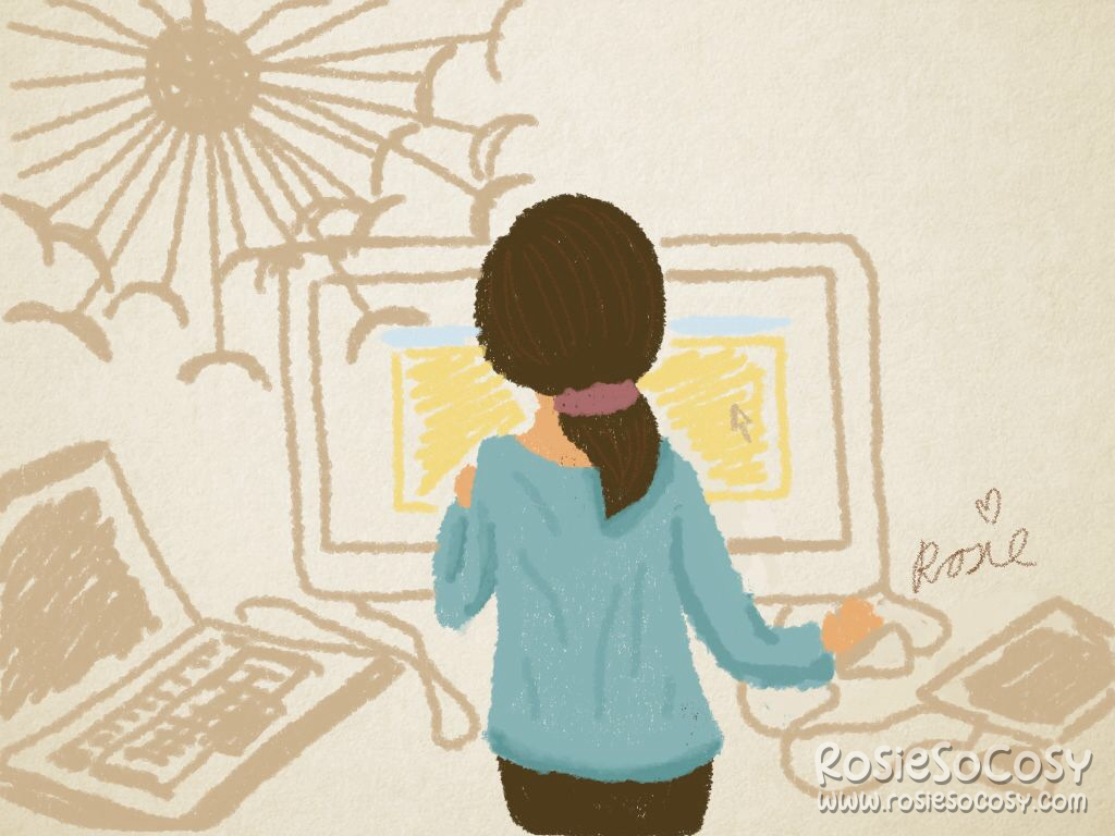 A light to medium coloured woman with brown hair in a low ponytail is standing facing away from the camera. She is wearing a blue sweater and dark brown jeans. The focal point is on the woman. She is at work on her iMac. She is designing a website, which has some pastel yellow and pastel blue in it. Everything in the background is beige. On the left of her is a laptop, which seems to be connected to the iMac. On her right is a drawing tablet. On the left above her is a MASKROS ceiling lamp from IKEA.