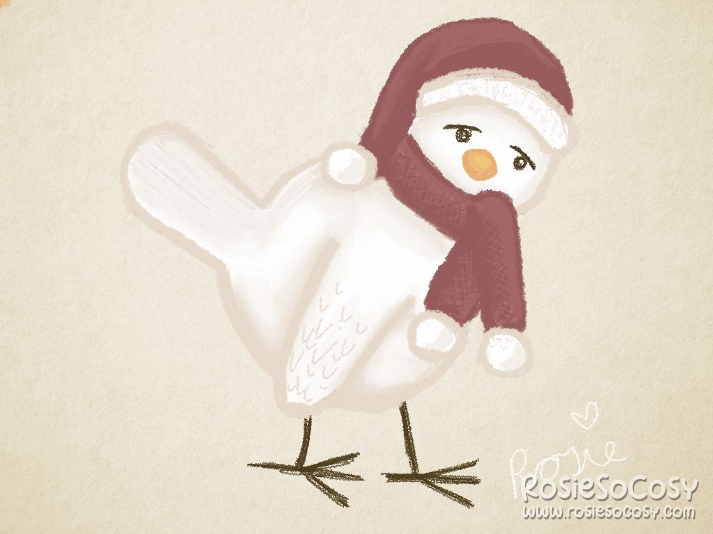 A white/creamy bird with a red winter hat and matching red scarf. Both the hat and scarf have creamy white pompoms on top and at the very ends. The bird is looking sideways at the camera. It is looking rather sad. The bird has an orange beak and dark brown legs/feet. The background is a creamy/beige paper.