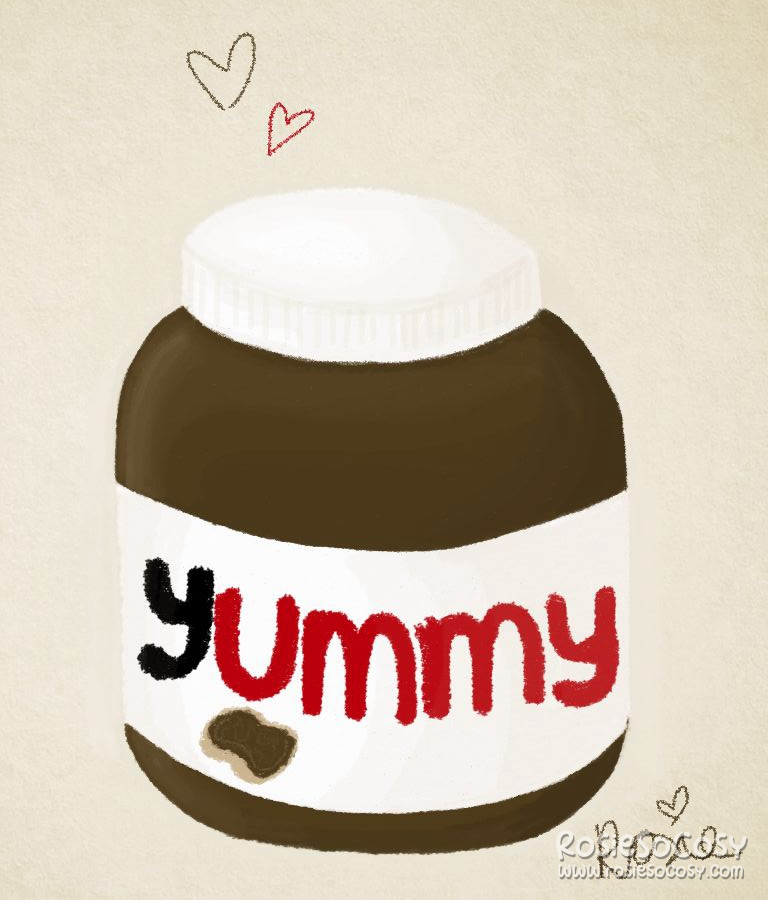 A big jar of "Yummy" chocolate paste. It is a parody on the typical Nutella jar. There's dark brown chocolate paste inside, the lid is white. The label is also white with the Y in black, and the UMMY in red. Underneath is a tiny drawing of some bread with the chocolate paste. Above the jar are two outlined hearts.