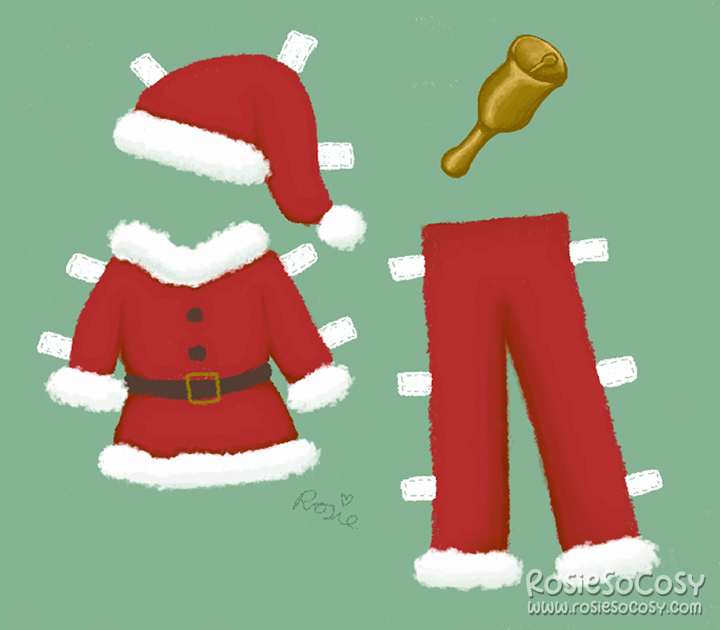 Santa Outfit for a Paper Doll. It's a red Santa hat, Santa top and Santa trousers, all with little paper flaps to fold over a paper doll, which is not in the picture. Top right is a bell which Santa uses to ring.