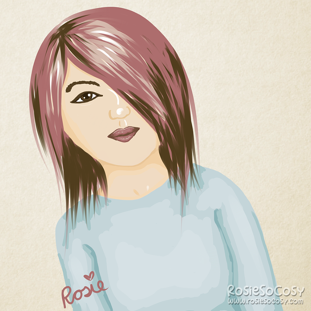 Random drawing of a girl with medium pink hair, with dark brown roots and ends. She has a round head, brown eyes and pink lips. She has a light skin tone and a winged eyeliner. She's wearing a light blue long sleeved top.