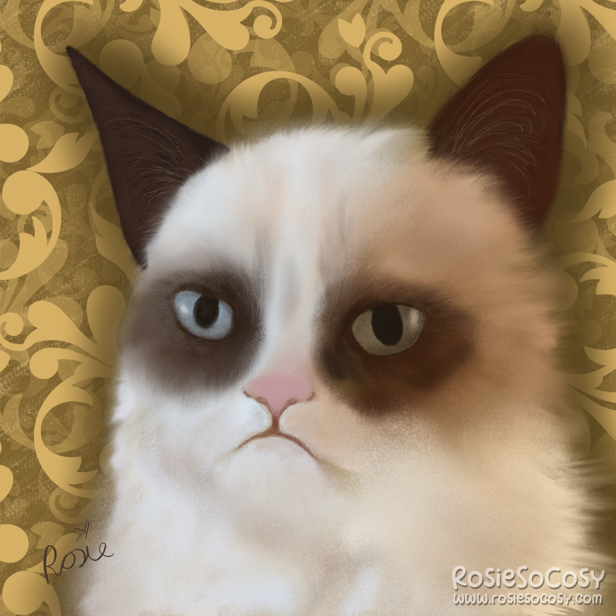 Digital drawing of Grumpy Cat. It's a cream coloured cat with dark brown ears and dark circles around her eyes. She looks a bit like a ragdoll. As per usual, Grumpy Cat is looking rather annoyed, a bit sulky. The background is a golden yellow with a swirly pattern.