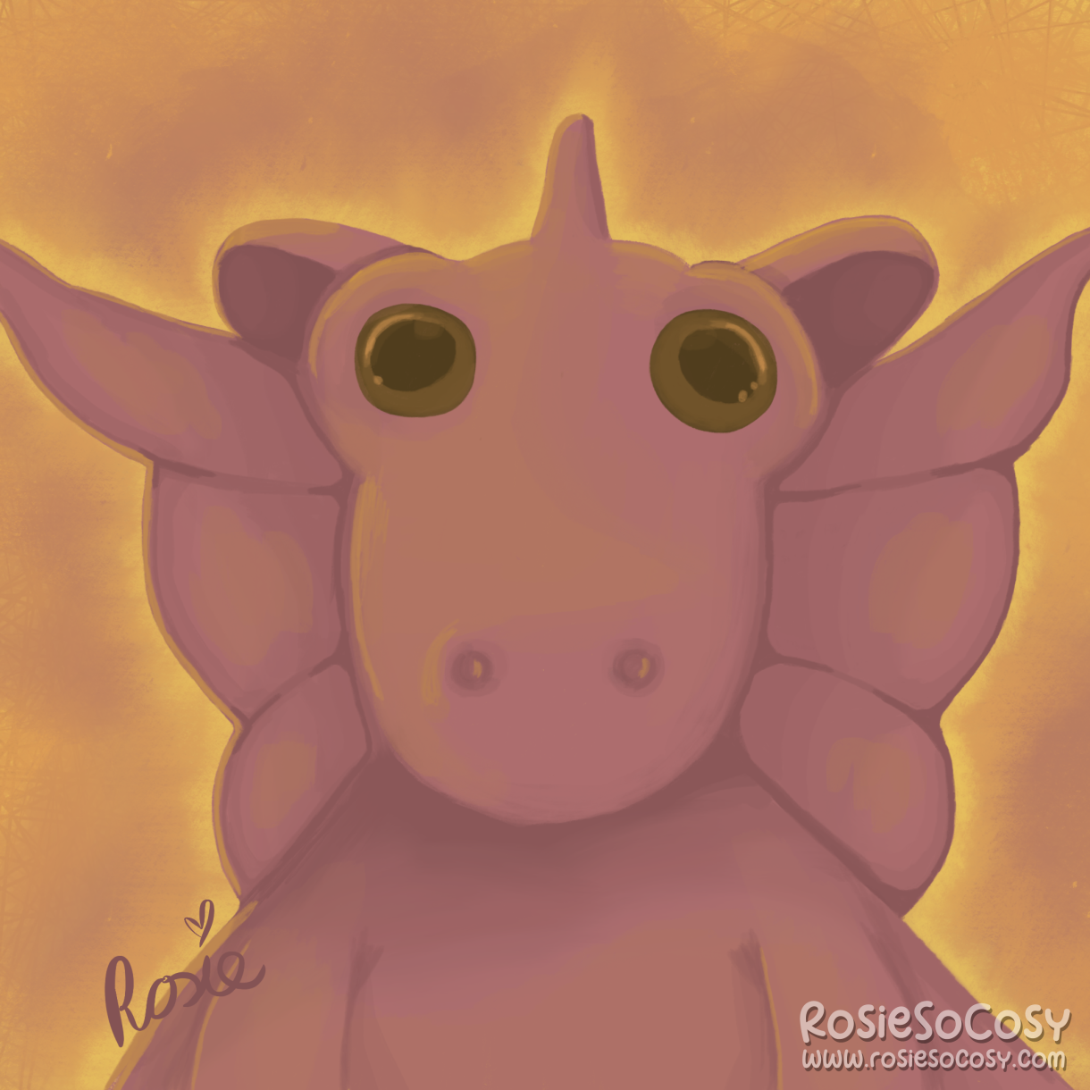 A drawing of a red dragon. The red is muted and has yellow/orange highlights/glow on its body. Inspired by the dragon Beanie Boos plushies.