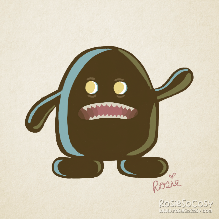 A little rounded monster, entirely in very dark brown, with light blue highlights and a medium to dark green colour for the shadows. It has a resemblance to Domo Kun, with a wide mouth open, a pink tongue and white, sharp, pointy teeth. The inside of its eyes is a light yellow colour. The monster is odd looking to say the least, but because of its size, it's also kinda cute.