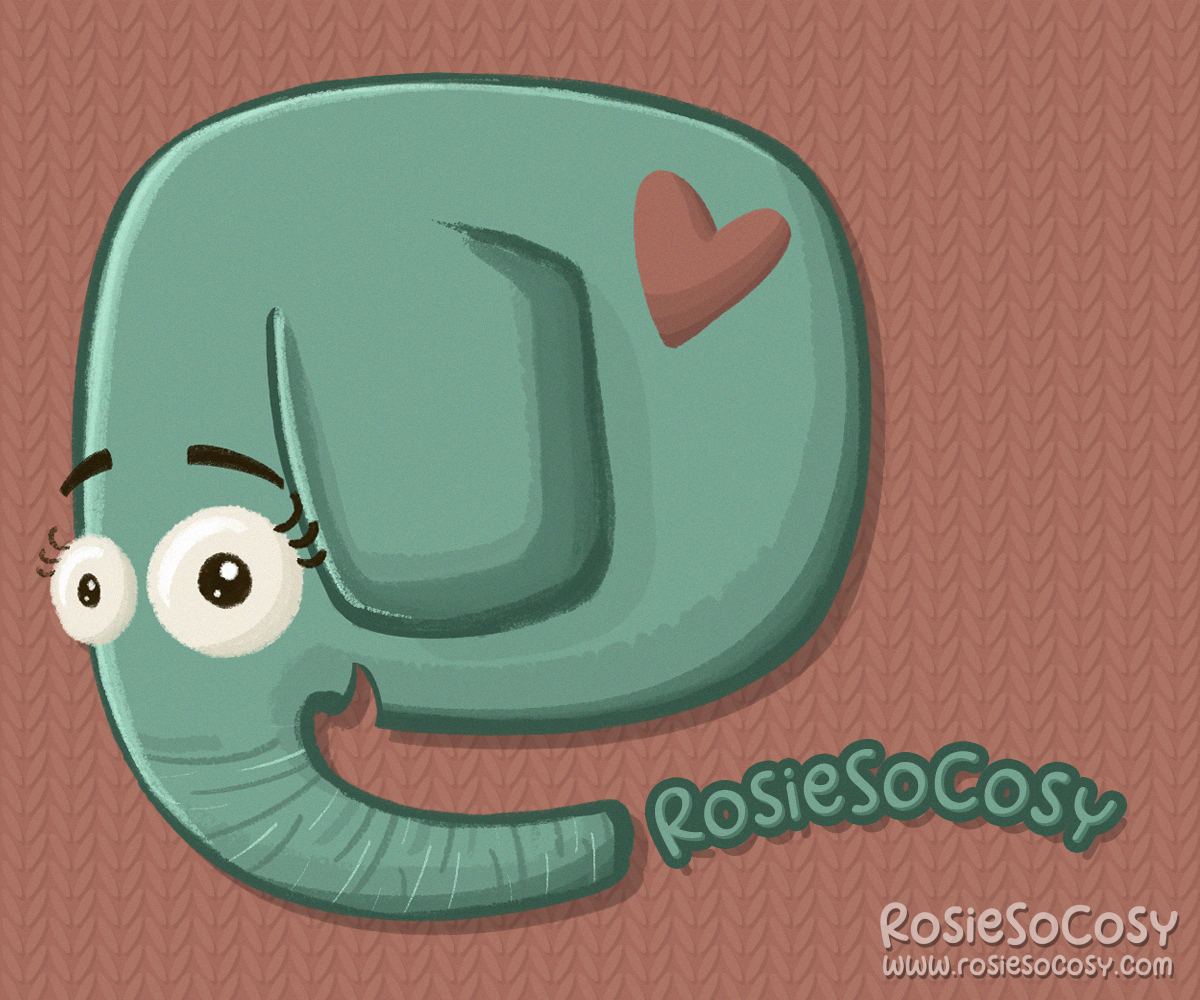 A seafoam coloured elephant with big, friendly, cartoony eyes, with lashes and eyebrows above them. The elephant has a red heart on its side. The elephant is smiling. Its trunk is visually extended by the text RosieSoCosy. The background behind the elephant is a knitted pattern.