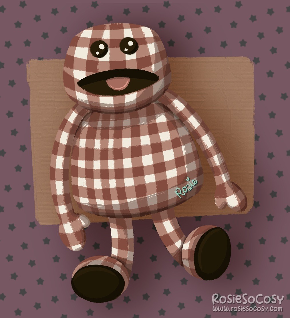 An illustration of Mr. Jummy. Mr. Jummy has a red and white checkered pattern all over, a big grin, with the inside of his mouth all black, except for the pink little tongue sticking out. Mr Jummy is sitting against what appears to be a cardboard box. In the background there’s a purple starry wallpaper.