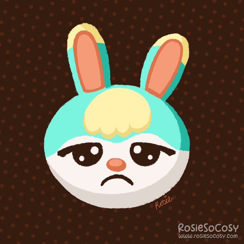 Sasha from Animal Crossing. A seafoam bunny with a white face, partially yellow ears and fringe, and orange/pink inside his ears. Sasha is looking really sad.