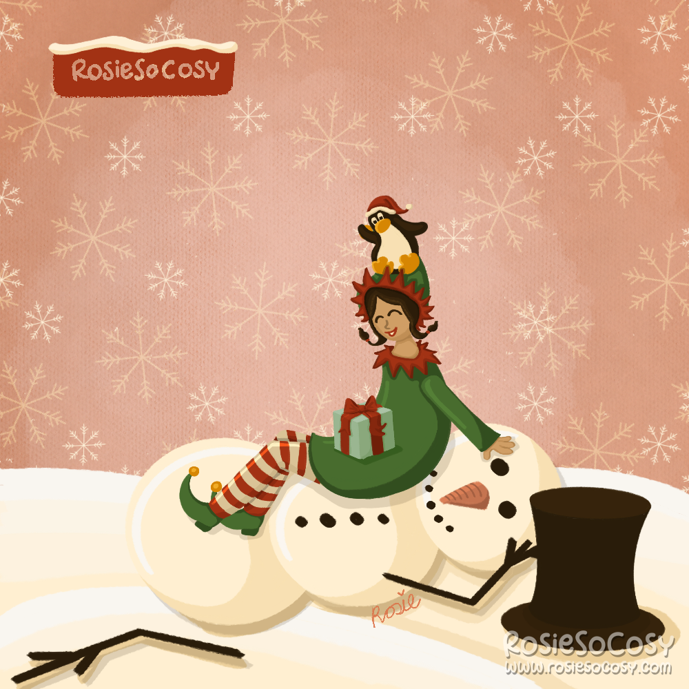 It appears a snowman has fallen over in its entirety. He is lying in the snow, his hat is next to him on the right, one arm is missing and is lying to the left. On top of him is a girly Elf. She is smiling and clearly having fun. She's wearing a green Elf dress with red accents, red and white striped stockings and matching green shoes and a hat. On her lap is a seafoam gift with a red bow. On her head is a penguin wearing a santa hat trying to stay balanced. The background is pink and has snowflakes.