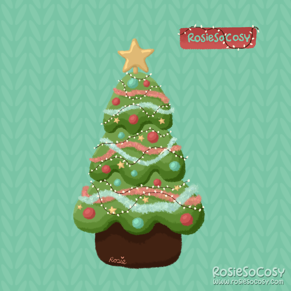 Illustration of a green Christmas tree with red and blue baubles, yellow stars and red and yellow garlands. And of course Christmas lights! The topper is a huge yellow star. The background is a seafoam knitted pattern.