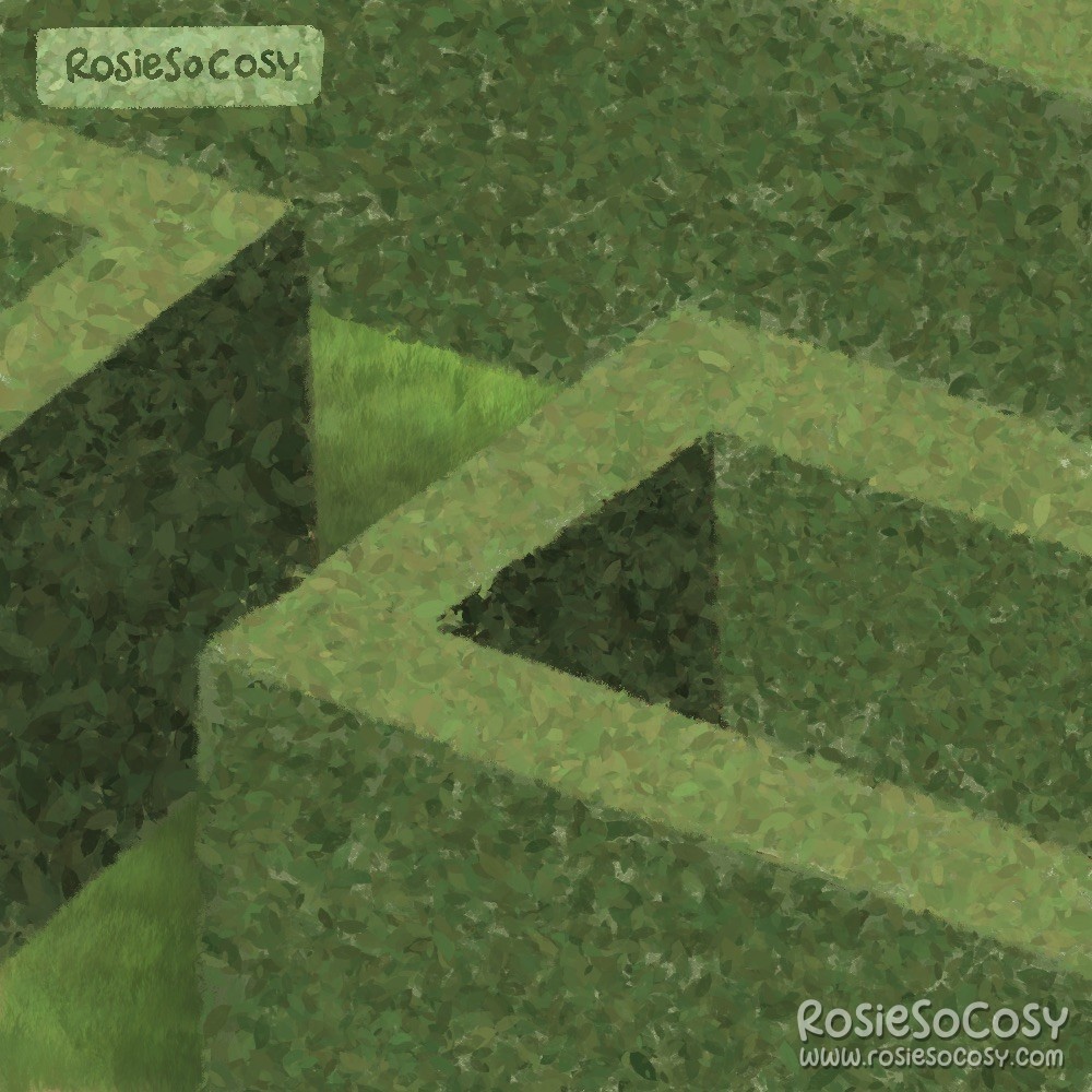 Illustration of a maze consisting of tall green hedges.