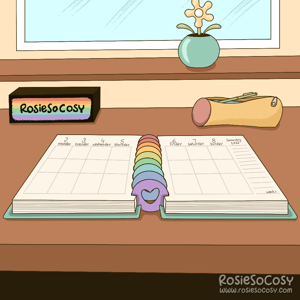 An illustration of a planner on a desk. The planner has a vertical layout with room for notes on the right page. In the background on the left is a rainbow RosieSoCosy logo, matching the discs used in the planner. On the right there’s a yellow and pink pencil pouch. Above it is a window and window sill with a solar flower.
