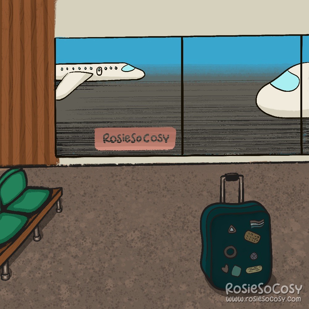 An illustration of an empty terminal. In the background you can see the big windows with airplanes outside. On the left is an empty bench with green upholstery. On the right is a lonely dark teal suitcase with various stickers.