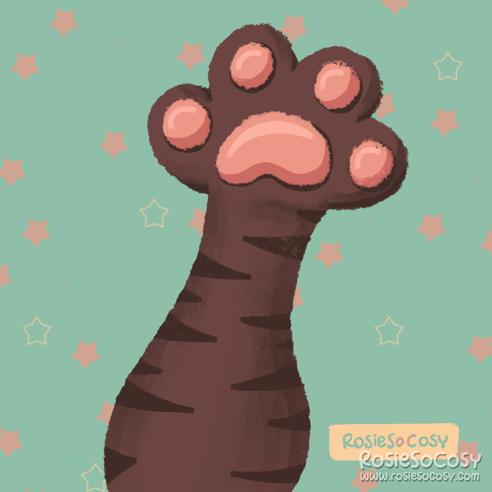 An illustration of a brown cat paw/claw, with dark brown stripes. in its fur. The digital and metacarpal pads are pink. The background is seafoam with subtle pink and yellow stars.