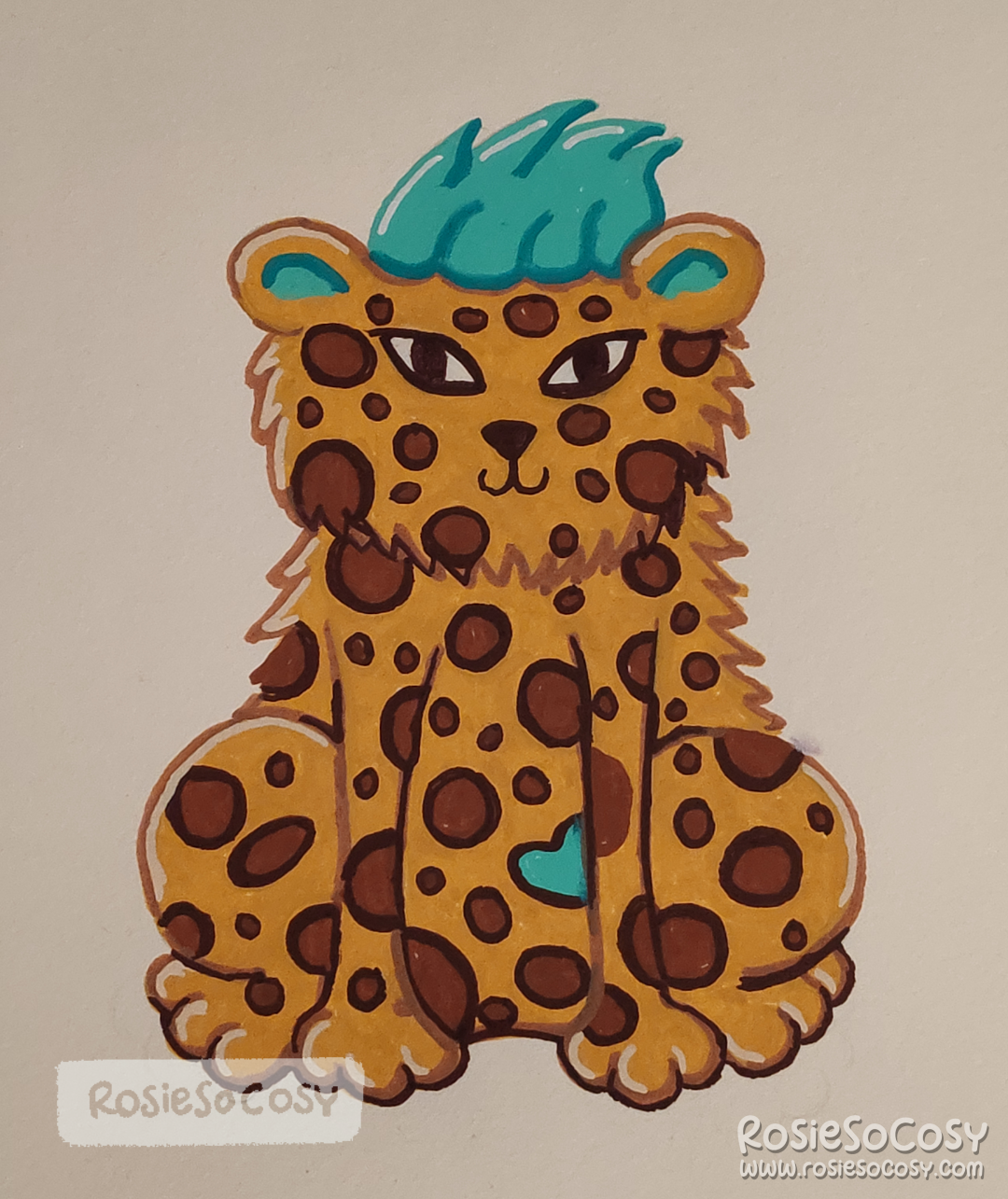 Illustration of an ochre leopard with brown spots and teal accents.