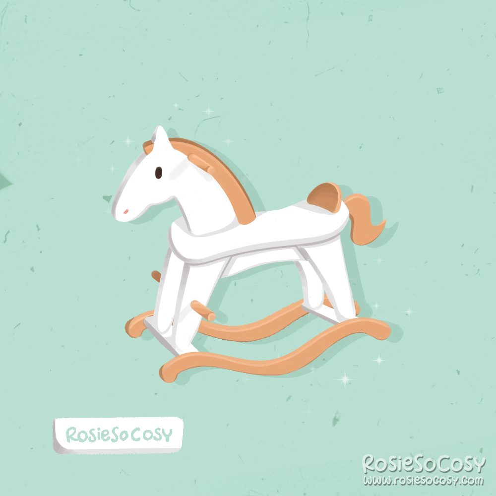 Illustration of a white and light brown wooden rocking horse.