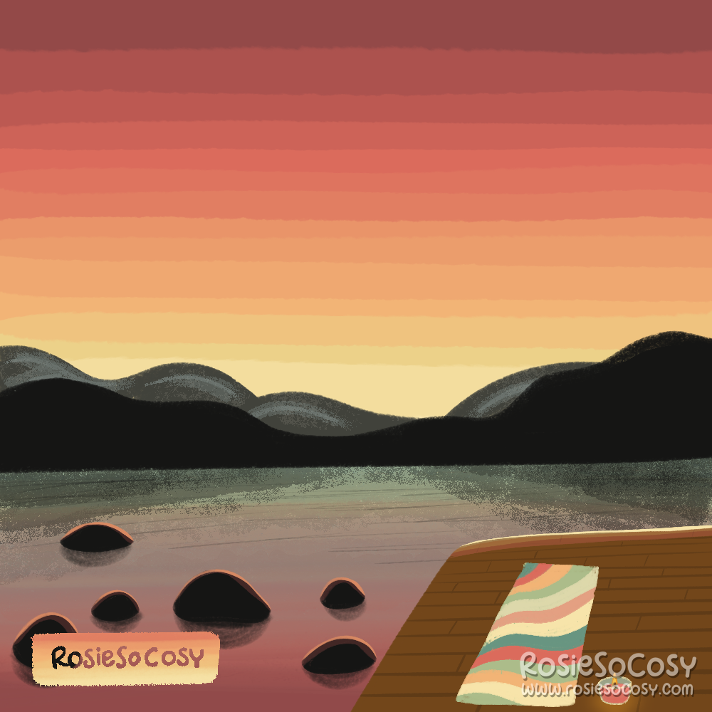 Illustration of a retreat during sunset overlooking a lake or beach, with rocks nearby and mountains on the horizon.