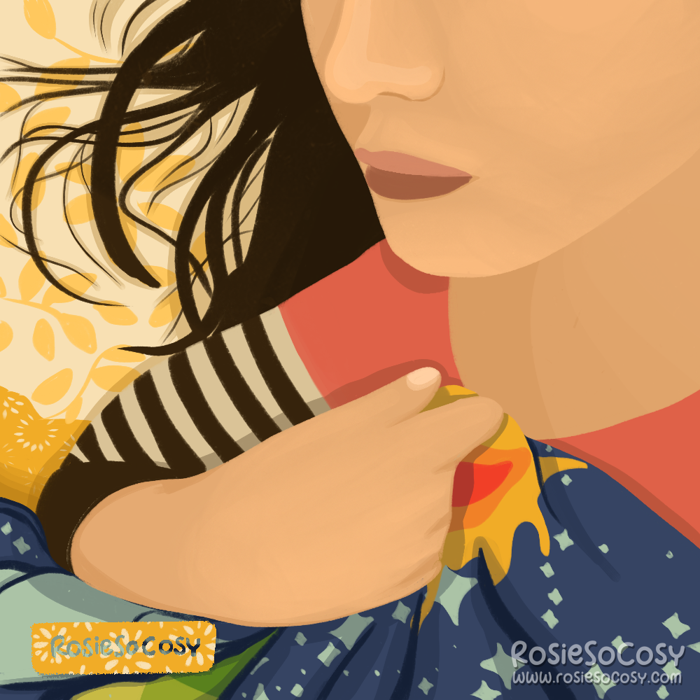 Illustration of Rosie in bed. You only see the bottom half of her face; her mouth and nose. She is wearing a black and white striped long sleeved shirt with the top in pink. Rosie is holding a blue duvet with a starry pattern all over. The pillow underneath her has a yellow floral pattern.