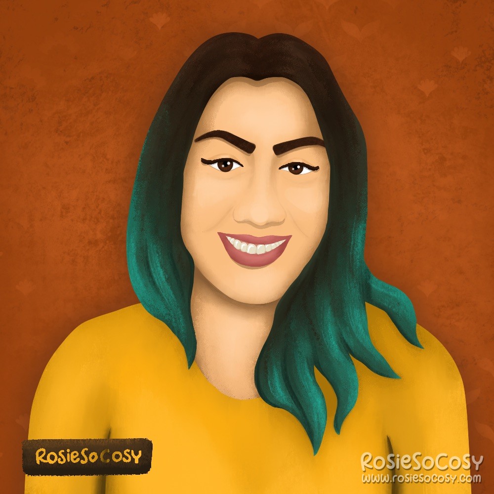 An illustration of Rosie. Rosie has a light to medium skin tone, dark brown eyes, darkbrown hair with teal coloured ends. She is wearing a muted pink lipstick and a yellow ochre long sleeved top.