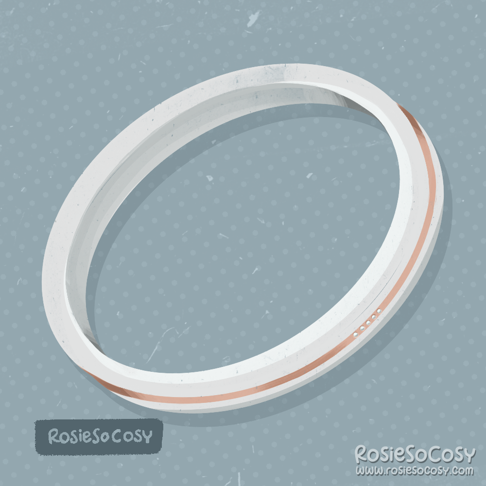 An illustration of a white gold wedding band, with a rose gold stripe, and five diamond at the center of the ring.