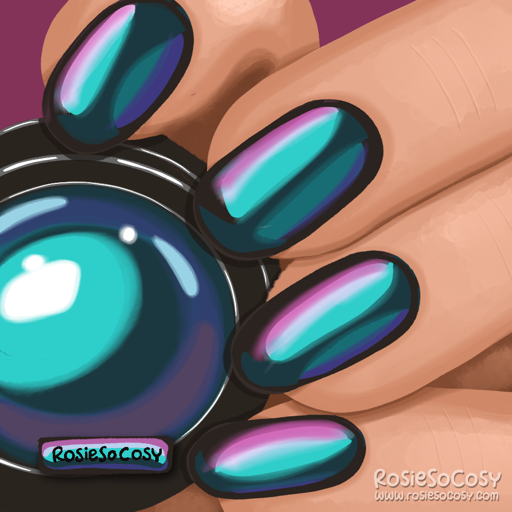 An illustration of a hand with nail polish on the nails. The hand is holding the matching bottle of nail polish. It’s an oily effect. Very dark polish with teal and purple shine in it.