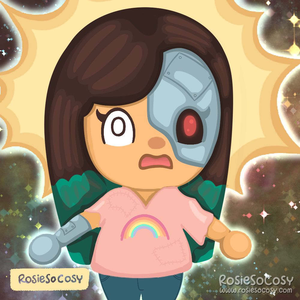 Rosie’s Animal Crossing character as a cyborg. She has a shocked, maybe even terrified facial expression. She is wearing a pink tshirt with a rainbow print. The background looks like space with sparkly stars.