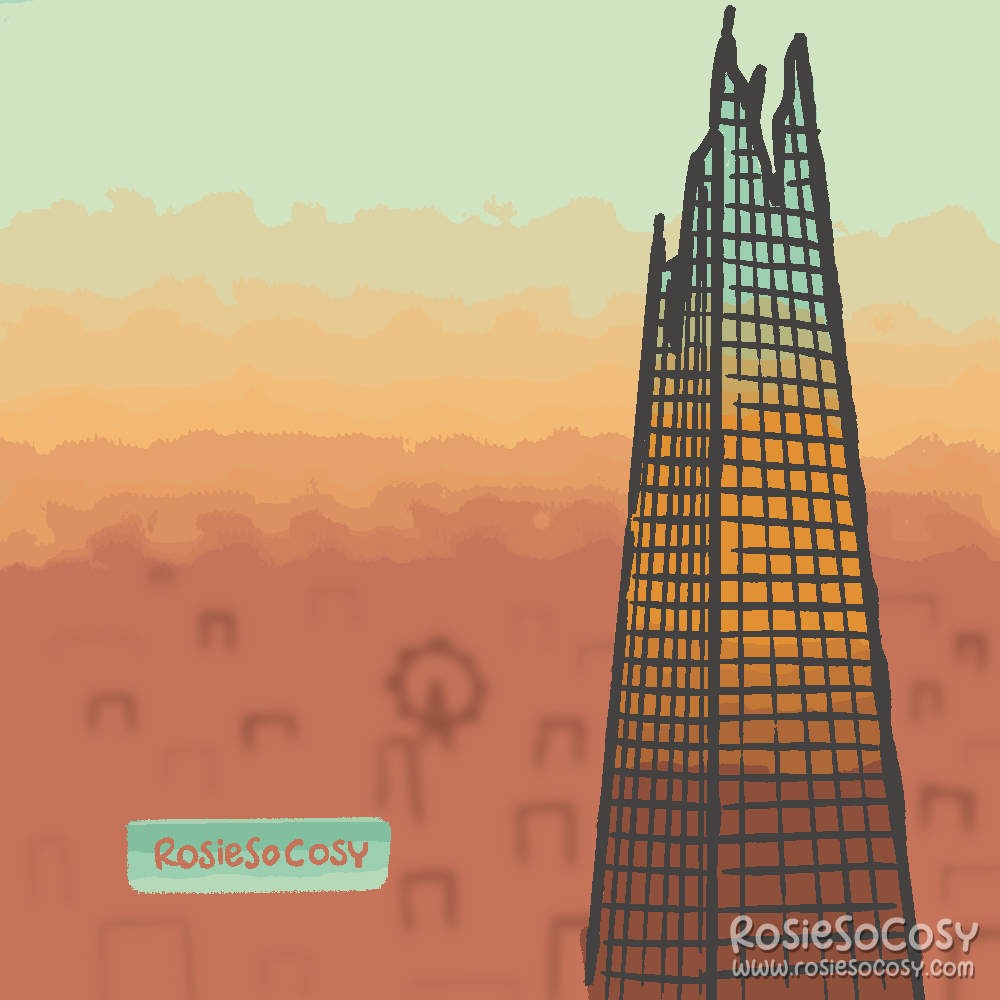 Illustration of The Shard in London. The sky looks like there's a sunset or a sunrise, with orange and lightblue/green hues. The background is very blurry and lacks detail, as the focus needs to be on The Shard.